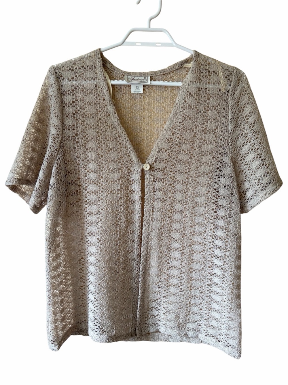 Tradition Open Knit Crochet Cardigan Beige Short Sleeve Boho Lightweight Top